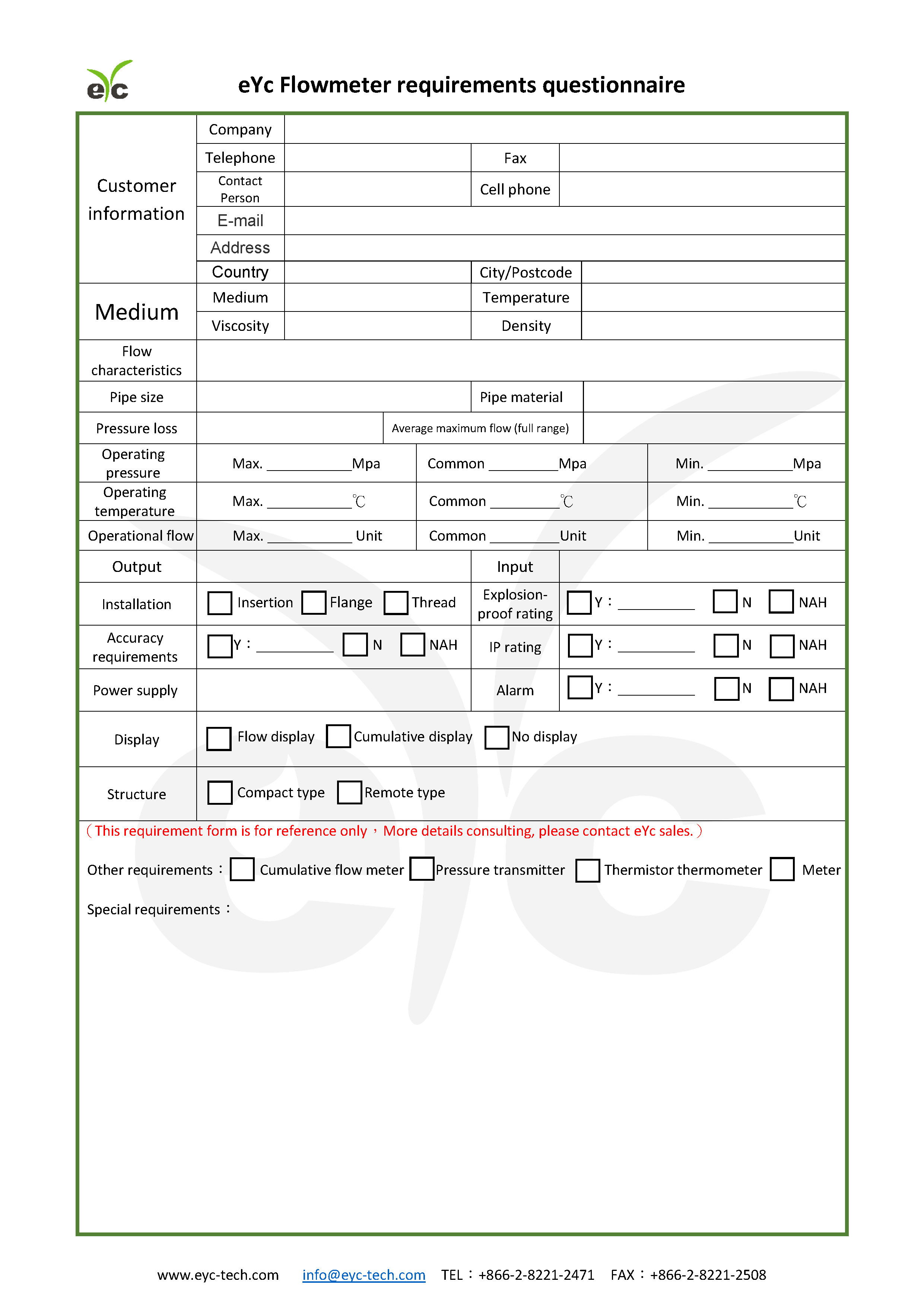 eYc Flowmeter requirements questionnaire